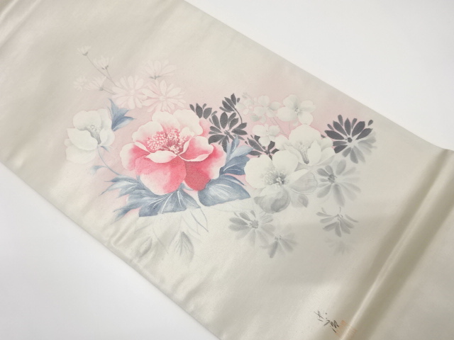 作家物　手描き　草花模様　袋帯